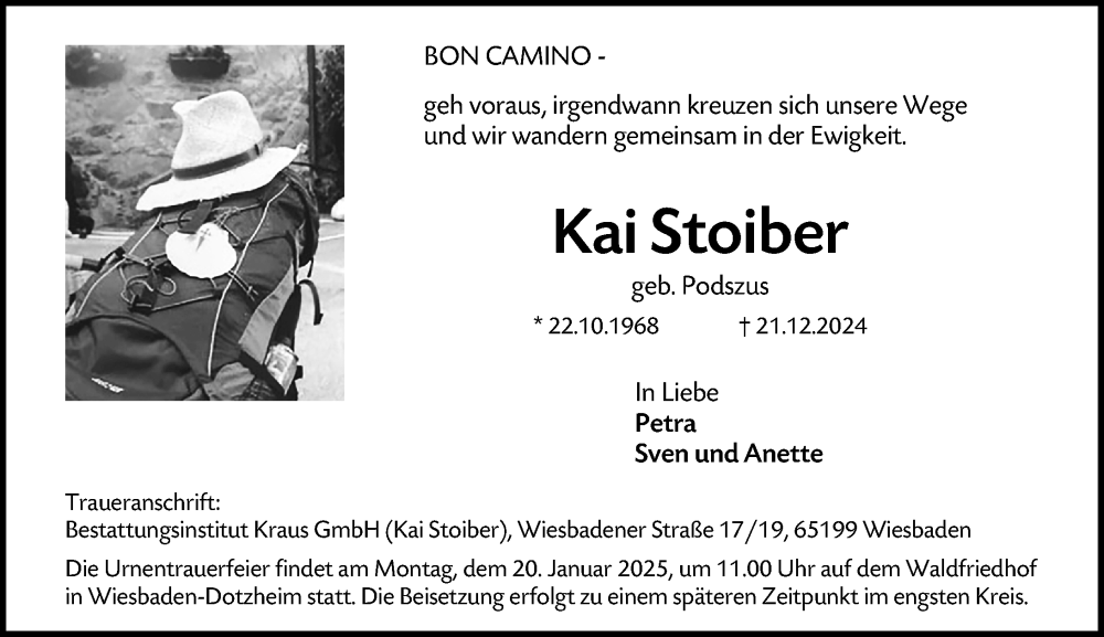  Traueranzeige für Kai Stoiber vom 11.01.2025 aus Wiesbadener Kurier