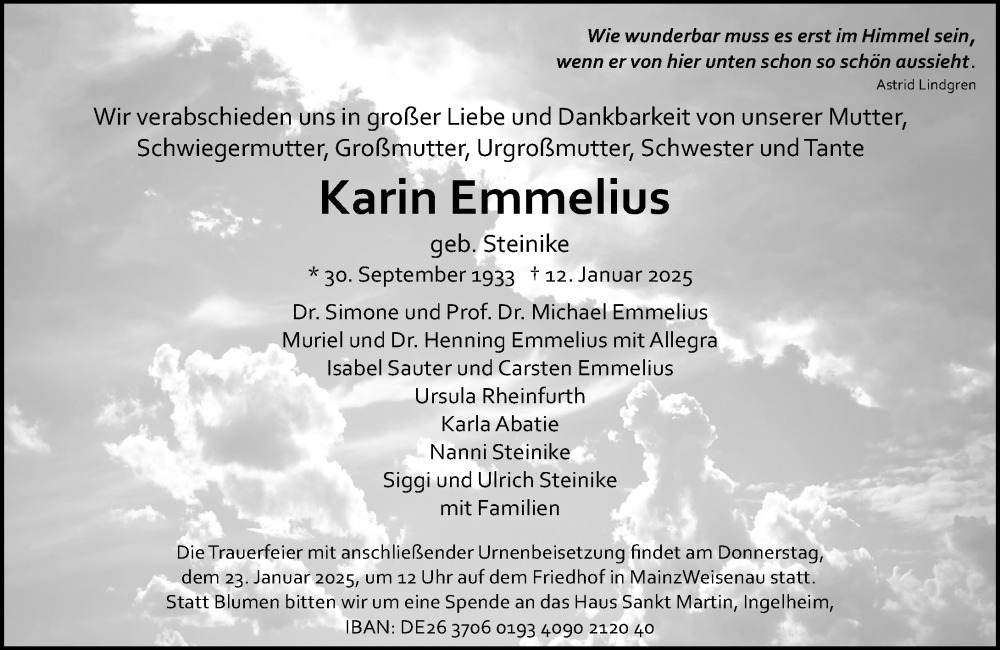  Traueranzeige für Karin Emmelius vom 18.01.2025 aus Allgemeine Zeitung Mainz