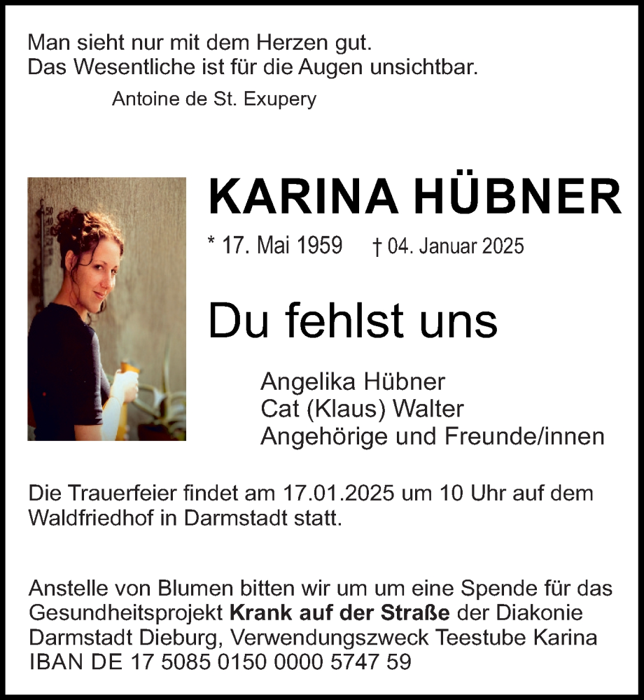  Traueranzeige für Karina Hübner vom 11.01.2025 aus Darmstädter Echo