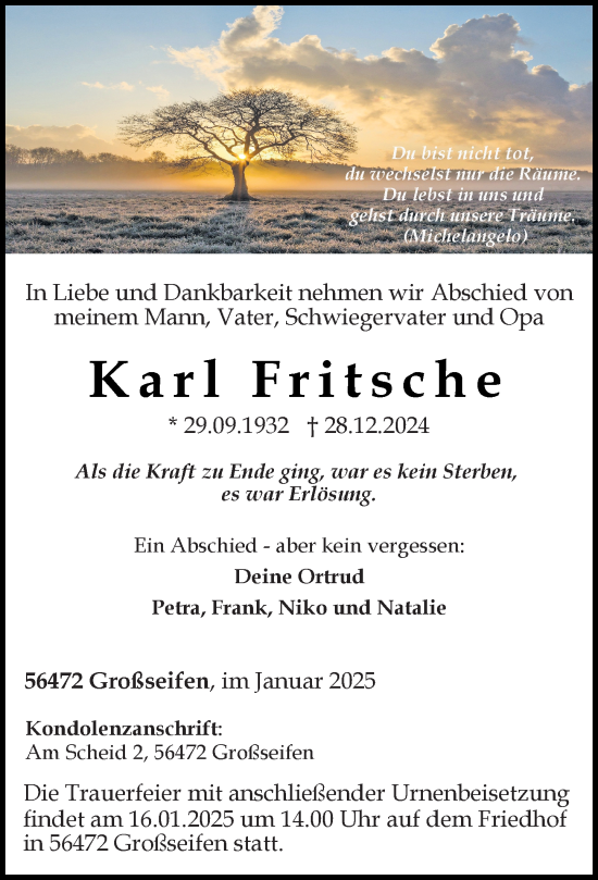 Traueranzeige von Karl Fritsche von Nassauische Neue Presse