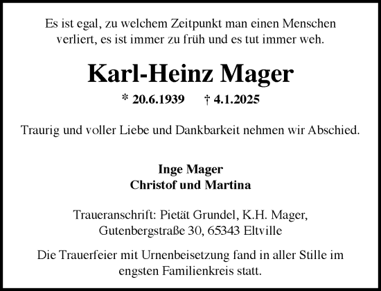 Traueranzeige von Karl-Heinz Mager von Rheingau Kurier