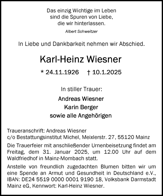 Traueranzeige von Karl-Heinz Wiesner von Allgemeine Zeitung Mainz