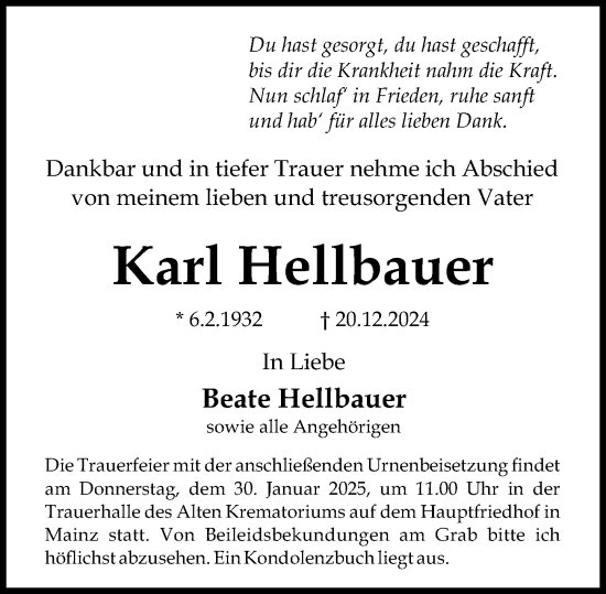 Traueranzeige von Karl Hellbauer von Allgemeine Zeitung Mainz