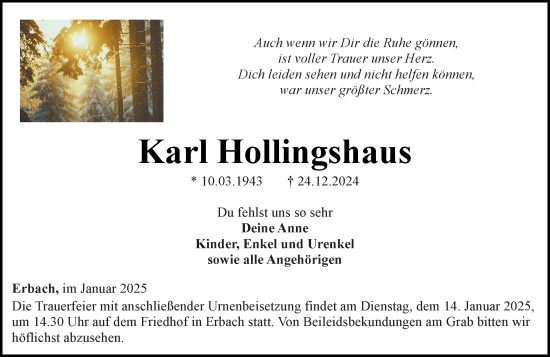 Traueranzeige von Karl Hollingshaus von Camberger Anzeiger