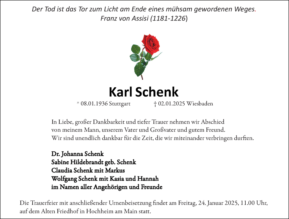  Traueranzeige für Karl Schenk vom 17.01.2025 aus Hochheimer Zeitung