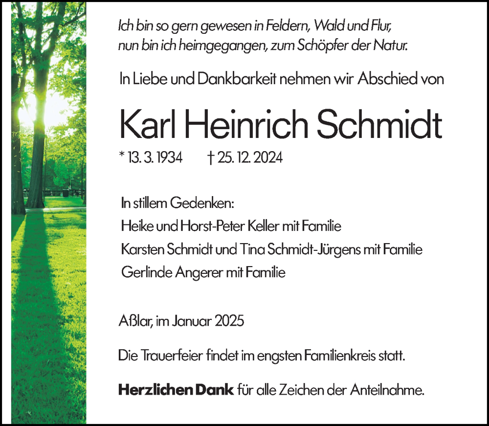  Traueranzeige für Karl Heinrich Schmidt vom 04.01.2025 aus Wetzlarer Neue Zeitung