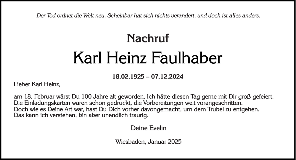  Traueranzeige für Karl Heinz Faulhaber vom 25.01.2025 aus Wiesbadener Kurier