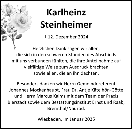Traueranzeige von Karlheinz Steinheimer von Wiesbadener Kurier