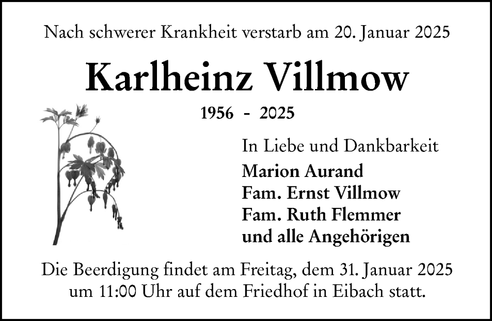  Traueranzeige für Karlheinz Villmow vom 28.01.2025 aus Dill Block