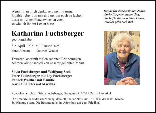 Traueranzeige von Katharina Fuchsberger von Rheingau Kurier