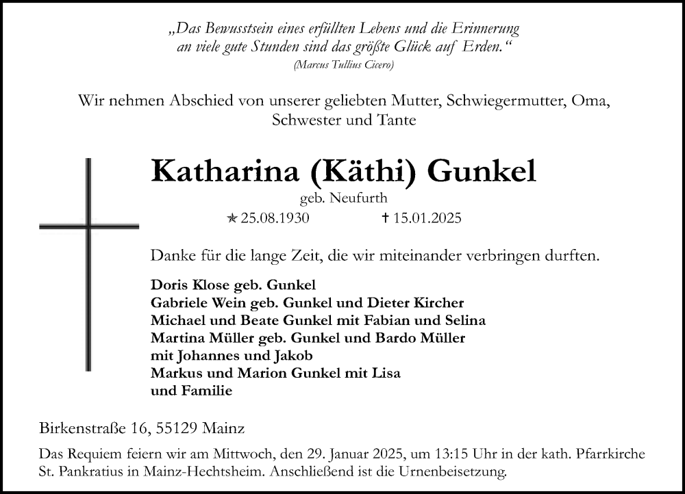  Traueranzeige für Katharina Gunkel vom 25.01.2025 aus Allgemeine Zeitung Mainz