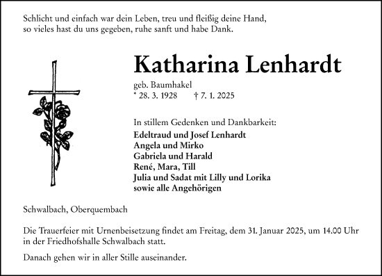 Traueranzeige von Katharina Lenhardt von Wetzlarer Neue Zeitung