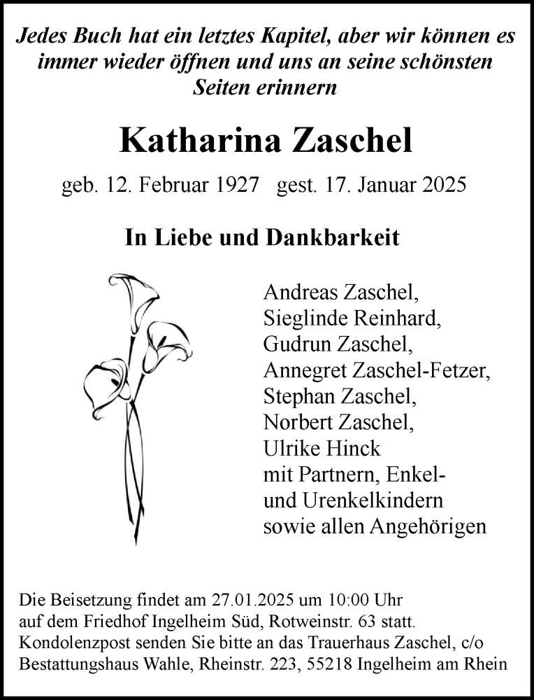  Traueranzeige für Katharina Zaschel vom 25.01.2025 aus Allgemeine Zeitung Rheinhessen-Nahe