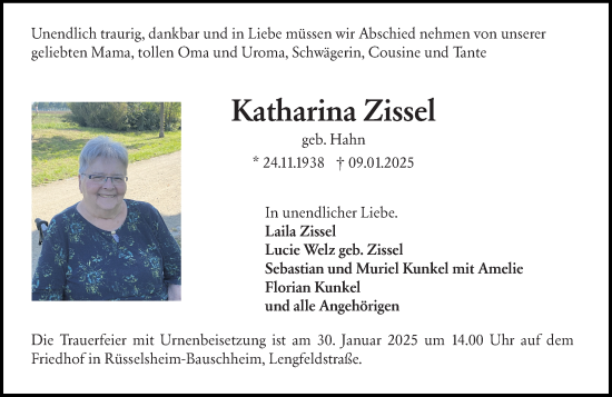 Traueranzeige von Katharina Zissel von Rüsselsheimer Echo