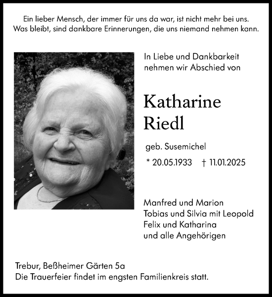 Traueranzeige von Katharine Riedl von Rüsselsheimer Echo