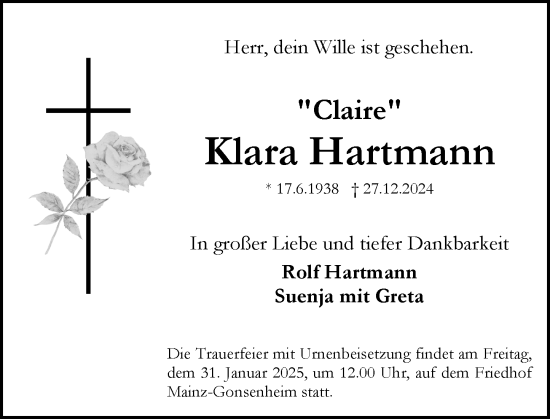 Traueranzeige von Klara Hartmann von Allgemeine Zeitung Mainz