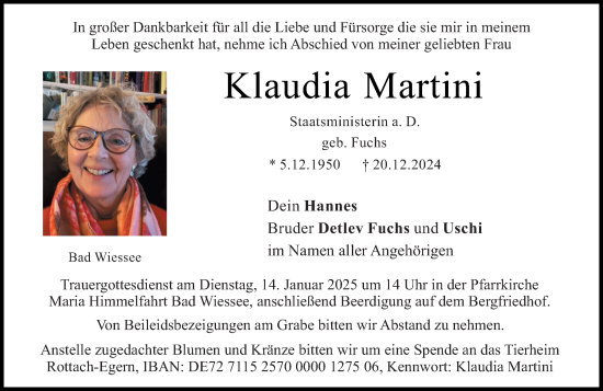 Traueranzeige von Klaudia Martini von Allgemeine Zeitung Mainz
