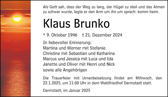 Traueranzeige von Klaus Brunko von Darmstädter Echo
