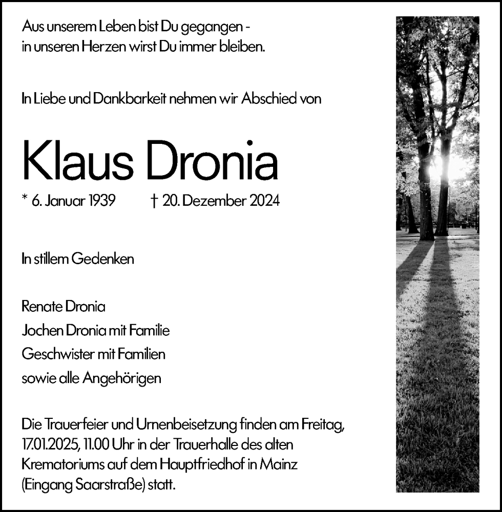  Traueranzeige für Klaus Dronia vom 11.01.2025 aus Allgemeine Zeitung Mainz