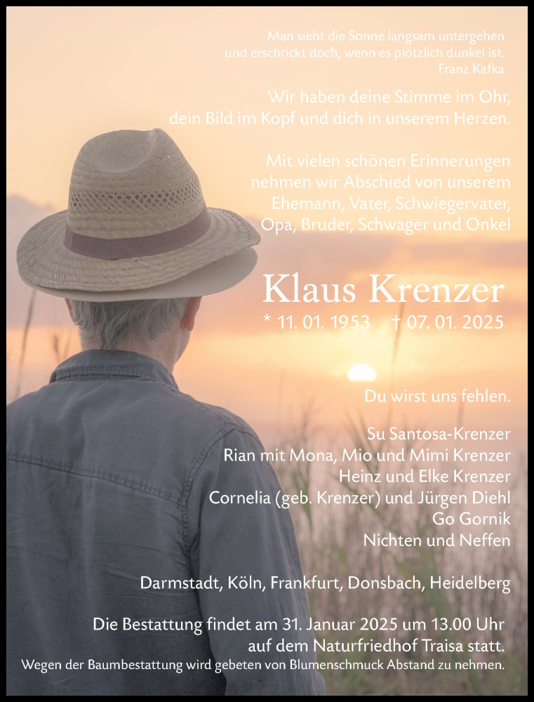  Traueranzeige für Klaus Krenzer vom 18.01.2025 aus Darmstädter Echo