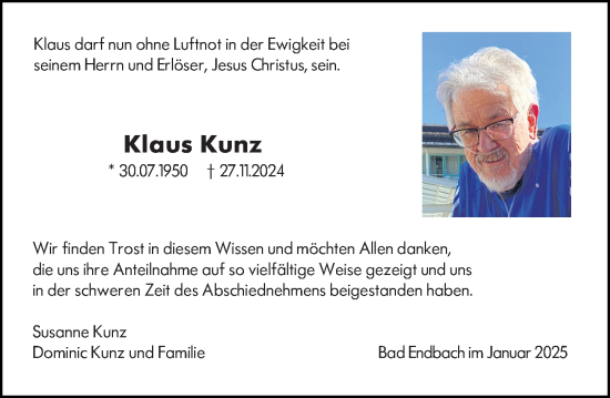 Traueranzeige von Klaus Kunz von Hinterländer Anzeiger