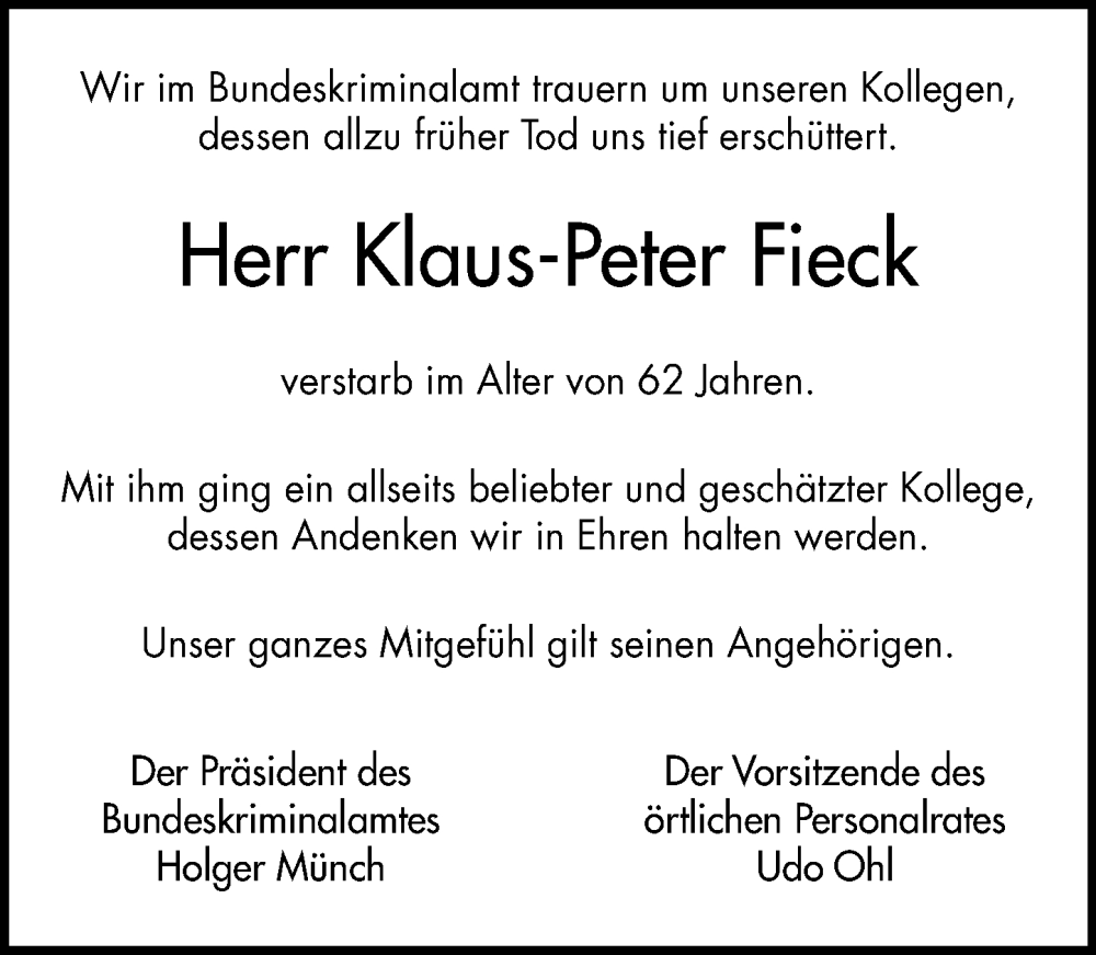  Traueranzeige für Klaus-Peter Fieck vom 25.01.2025 aus Wiesbadener Kurier