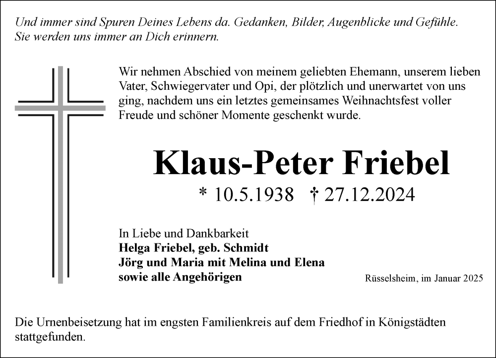  Traueranzeige für Klaus-Peter Friebel vom 18.01.2025 aus Rüsselsheimer Echo