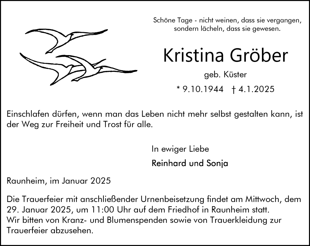  Traueranzeige für Kristina Gröber vom 11.01.2025 aus Rüsselsheimer Echo