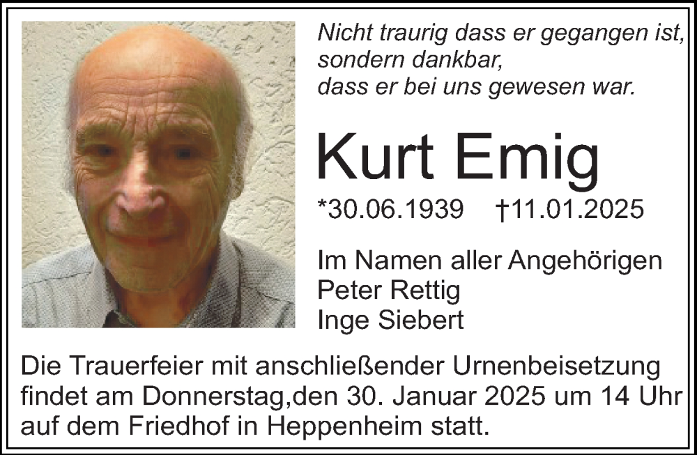  Traueranzeige für Kurt Emig vom 25.01.2025 aus Starkenburger Echo