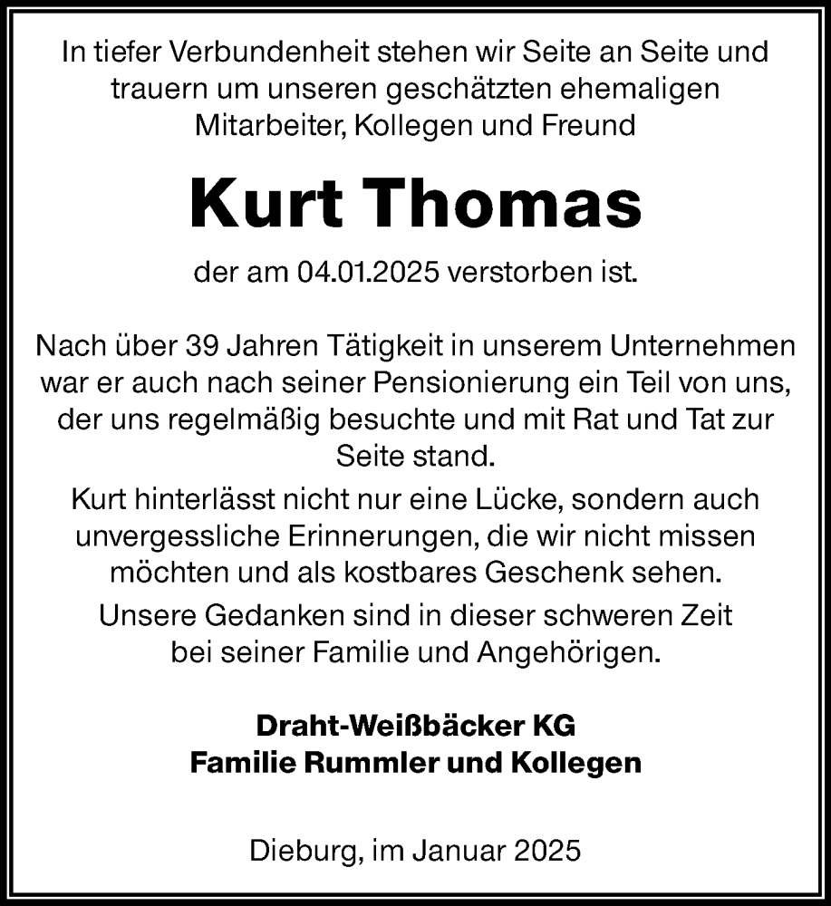  Traueranzeige für Kurt Thomas vom 11.01.2025 aus Dieburger Anzeiger/Groß-Zimmerner Lokal-Anzeiger