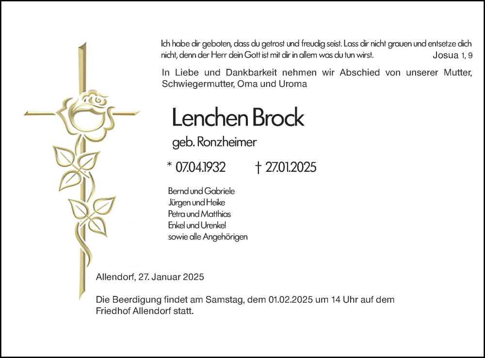  Traueranzeige für Lenchen Brock vom 30.01.2025 aus Hinterländer Anzeiger