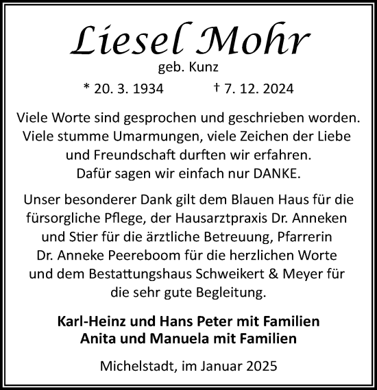 Traueranzeige von Liesel Mohr von Odenwälder Echo