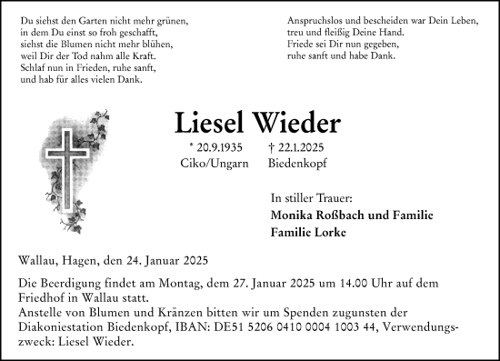 Traueranzeige von Liesel Wieder von Hinterländer Anzeiger