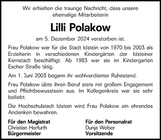 Traueranzeige von Lilli Polakow von Idsteiner Land/Untertaunus