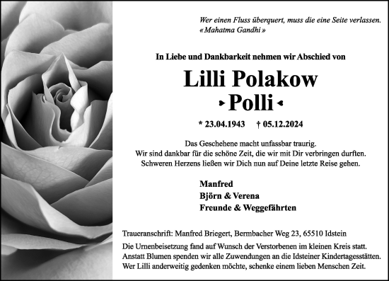 Traueranzeige von Lilli Polakow von Idsteiner Land/Untertaunus