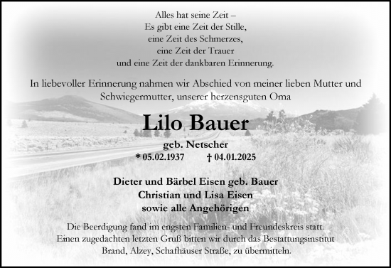 Traueranzeige von Lilo Bauer von Allgemeine Zeitung Alzey