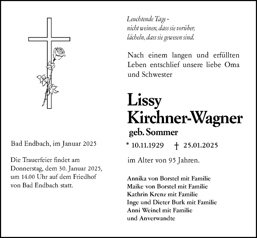  Traueranzeige für Lissy Kirchner-Wagner vom 28.01.2025 aus Hinterländer Anzeiger