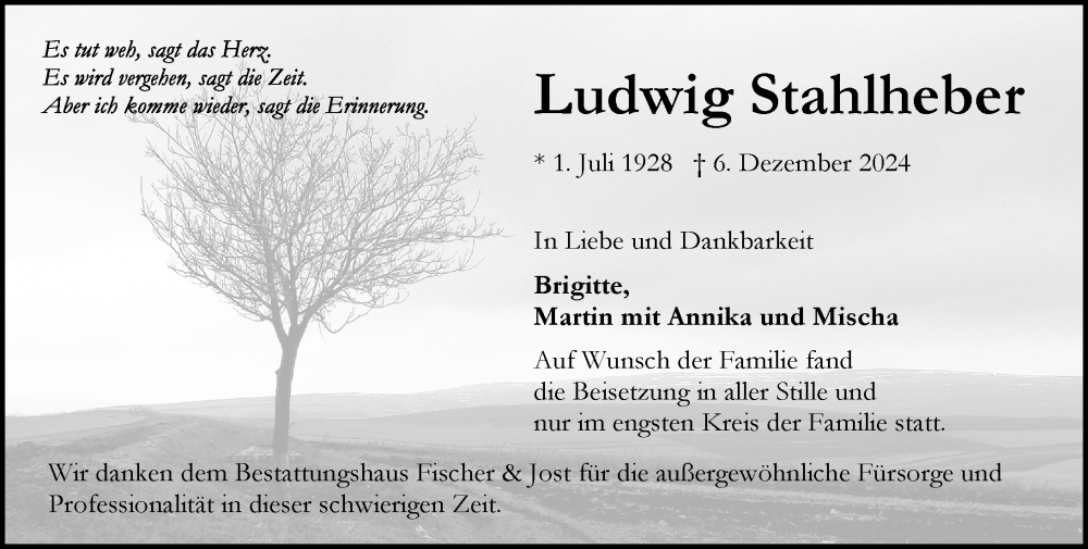  Traueranzeige für Ludwig Stahlheber vom 25.01.2025 aus Wiesbadener Kurier