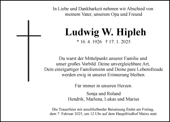 Traueranzeige von Ludwig W. Hipleh von Allgemeine Zeitung Mainz