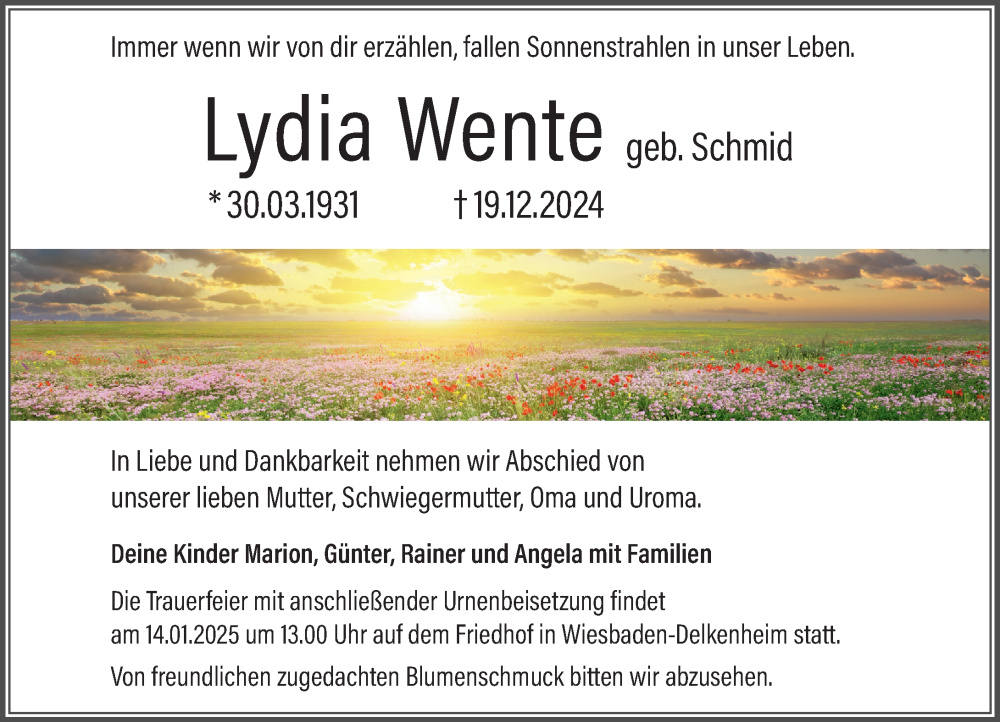 Traueranzeige für Lydia Wente vom 11.01.2025 aus Wiesbadener Kurier