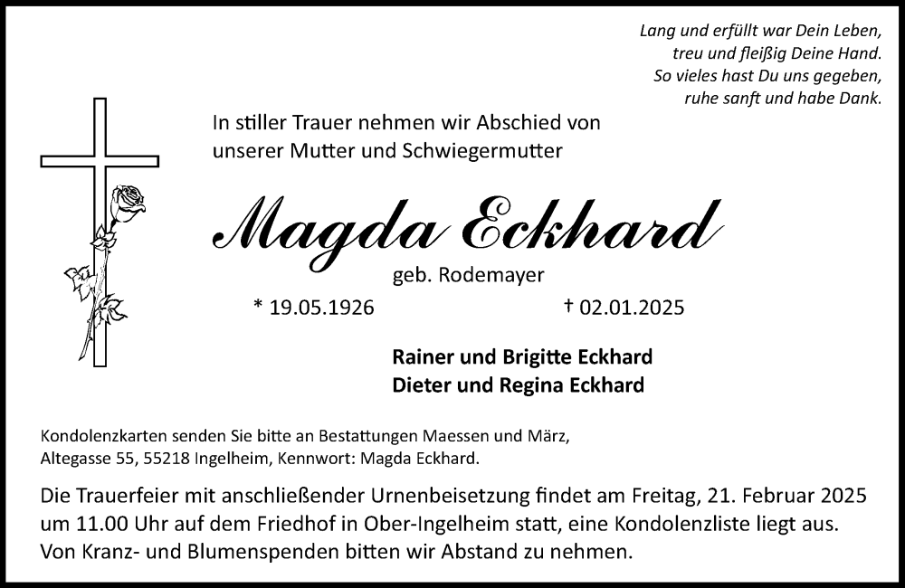  Traueranzeige für Magda Eckhard vom 11.01.2025 aus Allgemeine Zeitung Rheinhessen-Nahe