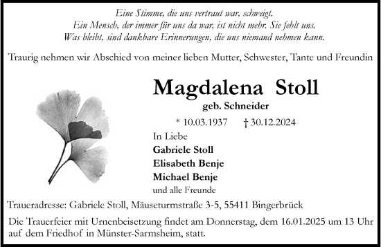 Traueranzeige von Magdalena Stoll von Allgemeine Zeitung Rheinhessen-Nahe