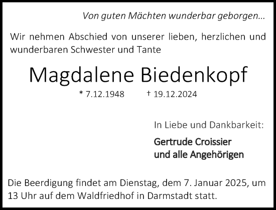 Traueranzeige von Magdalene Biedenkopf von Darmstädter Echo