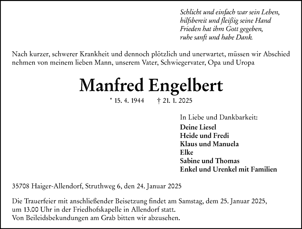  Traueranzeige für Manfred Engelbert vom 24.01.2025 aus Dill Block