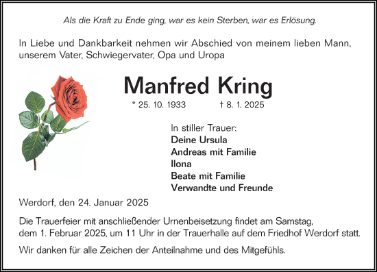 Traueranzeige von Manfred Kring von Wetzlarer Neue Zeitung
