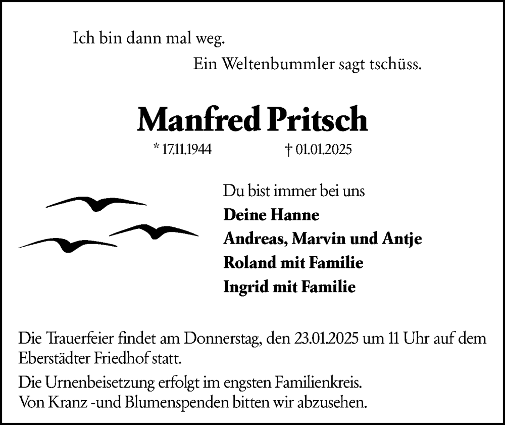  Traueranzeige für Manfred Pritsch vom 18.01.2025 aus Darmstädter Echo