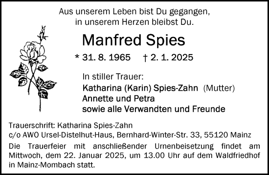 Traueranzeige von Manfred Spies von Allgemeine Zeitung Mainz