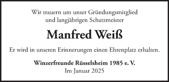 Traueranzeige von Manfred Weiß von Rüsselsheimer Echo