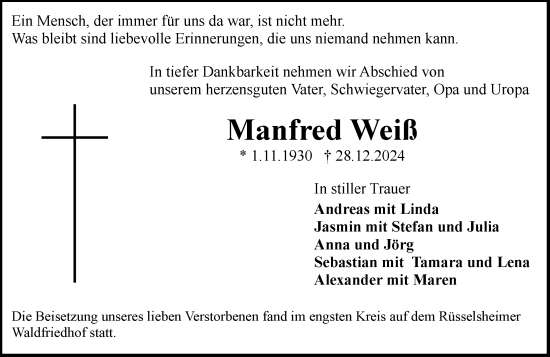 Traueranzeige von Manfred Weiß von Rüsselsheimer Echo