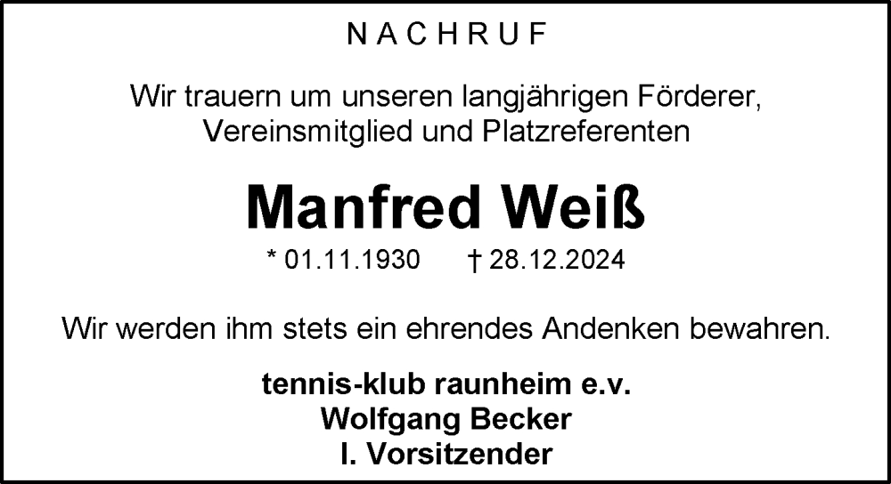  Traueranzeige für Manfred Weiß vom 25.01.2025 aus Rüsselsheimer Echo
